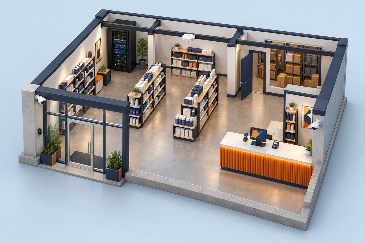 Rendered cutaway of a fictional shop